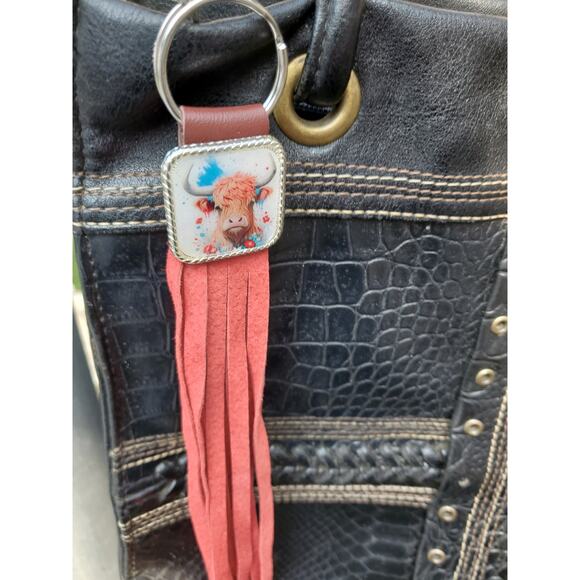 Handmade cow lover boho Leather Fringe Western bag charm, Long fringe keychain - Picture 5 of 6